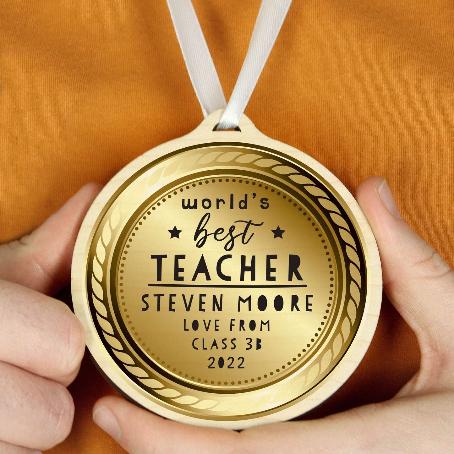 Personalised Worlds Best Teacher Round Wooden Medal: 3 - Keepsakes By Gift Moments