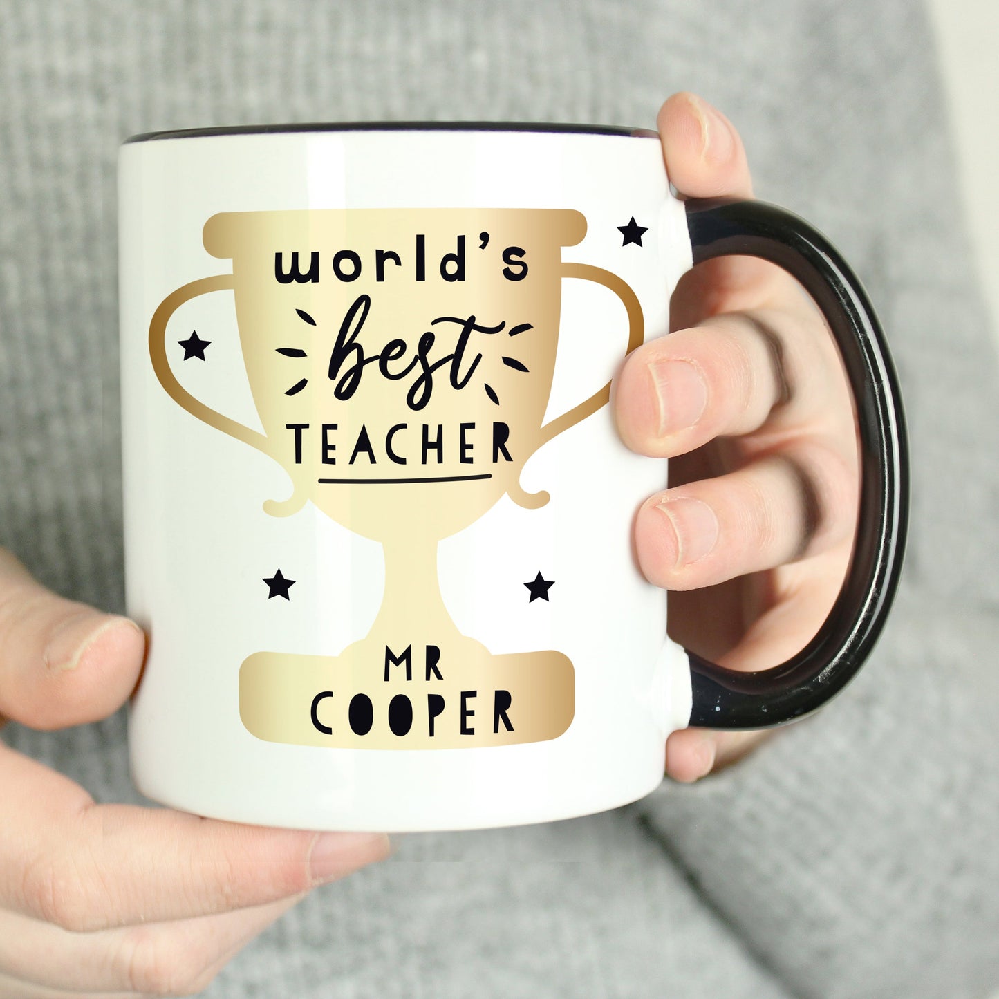 Personalised World’s Best Teacher Trophy Black Handled Mug: 1 - Mugs By Gift Moments