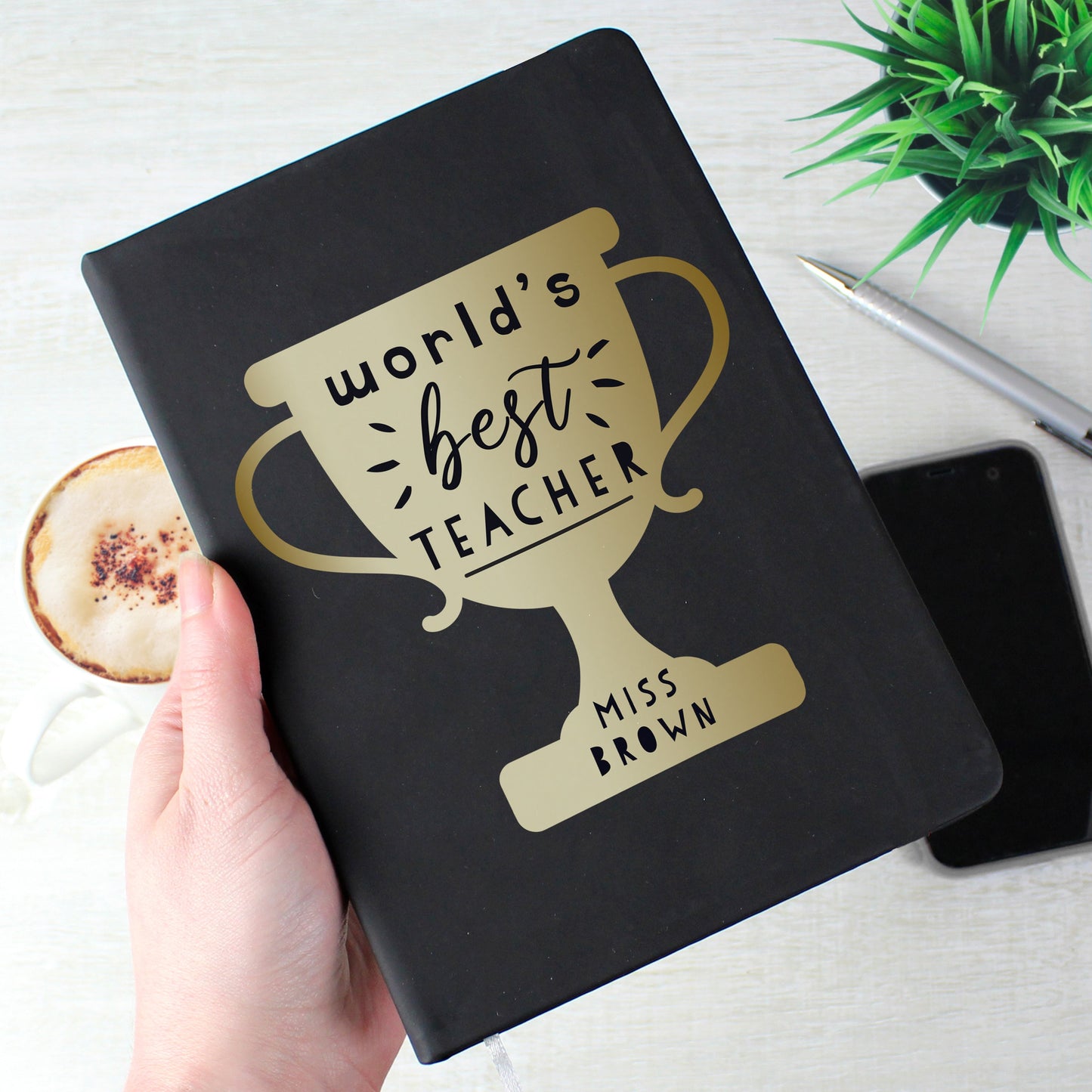 Personalised Worlds Best Teacher Trophy Black Hardback Notebook: 2 - Notebooks By Gift Moments