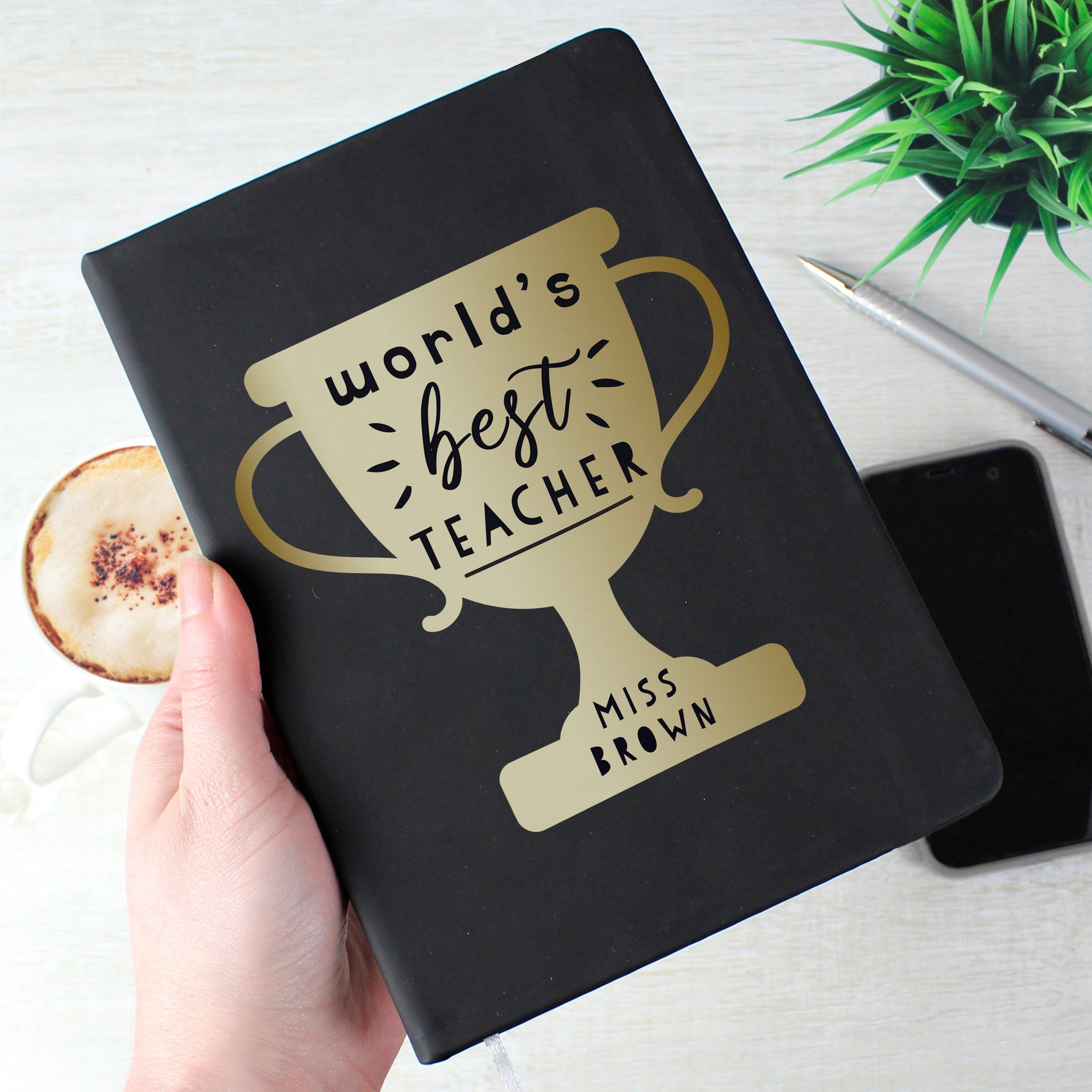 Personalised Worlds Best Teacher Trophy Black Hardback Notebook: 2 - Notebooks By Gift Moments