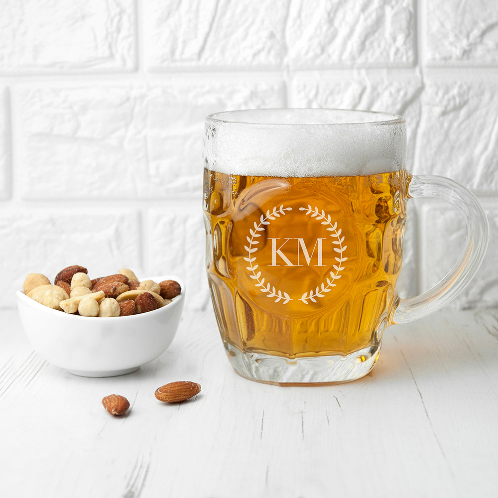Personalised Wreath Monogram Dimpled Beer Glass: 1 - Beer Glasses By Gift Moments