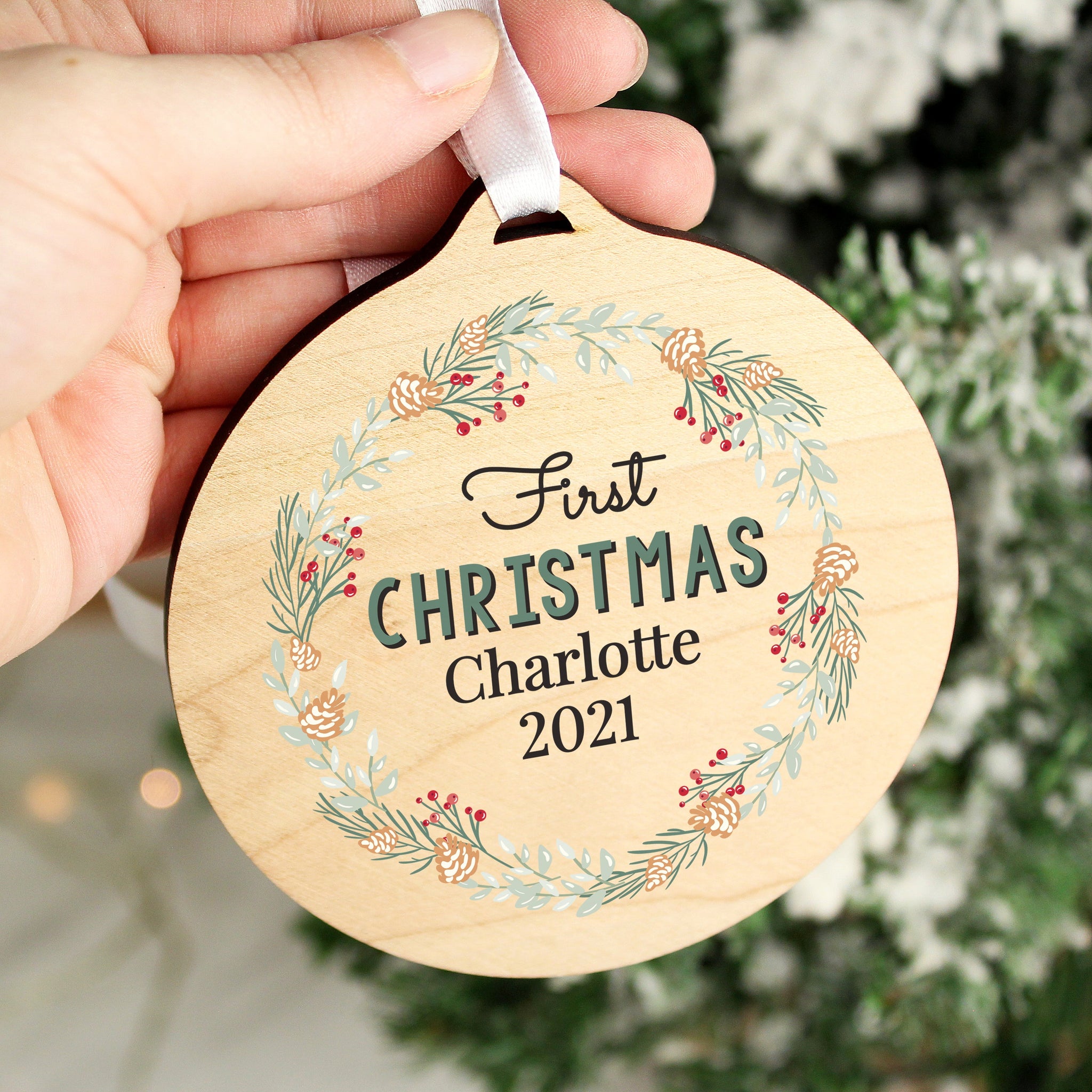 Personalised Wreath Round Wooden Decoration: 2 - Decorations By Gift Moments