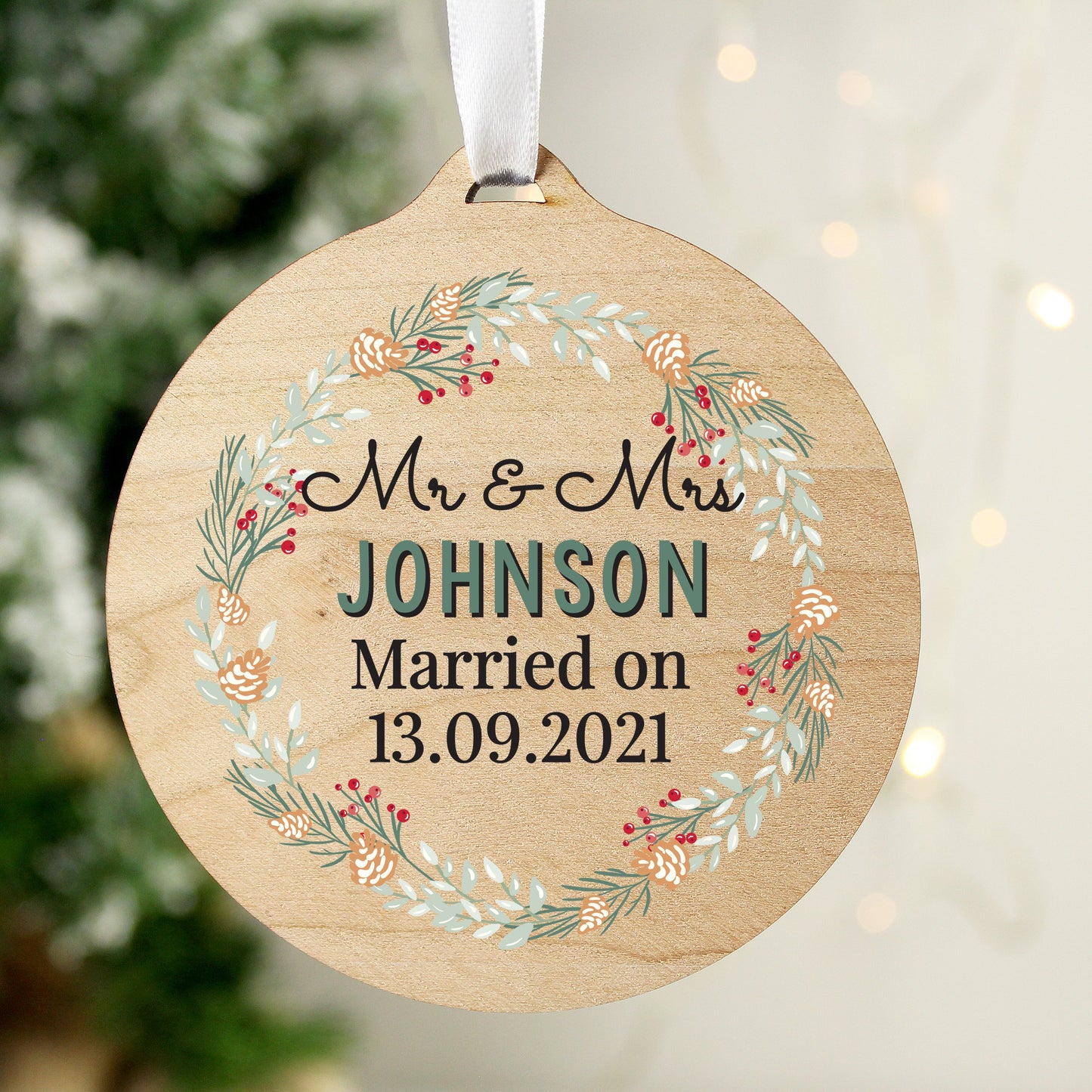 Personalised Wreath Round Wooden Decoration: 3 - Decorations By Gift Moments