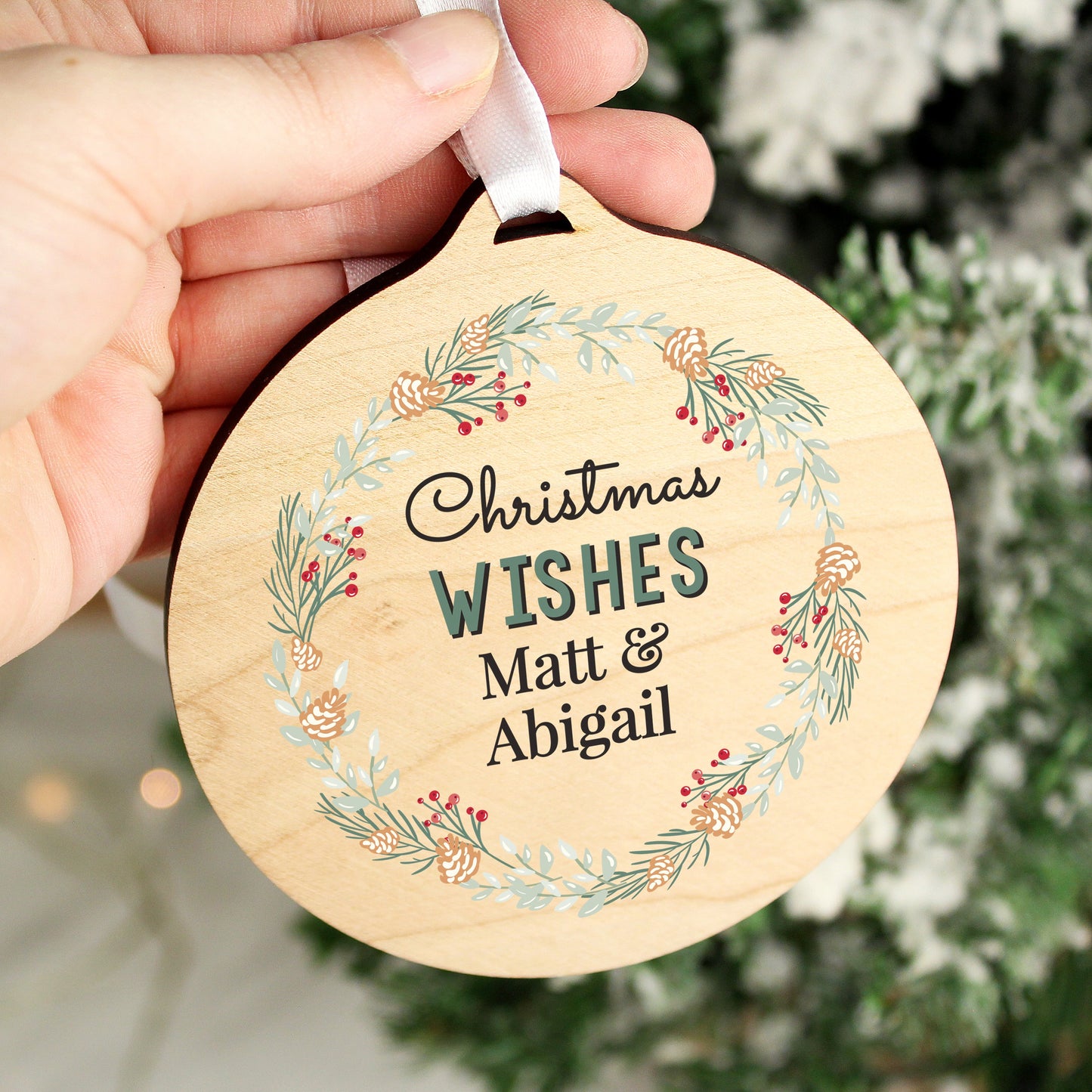 Personalised Wreath Round Wooden Decoration: 4 - Decorations By Gift Moments