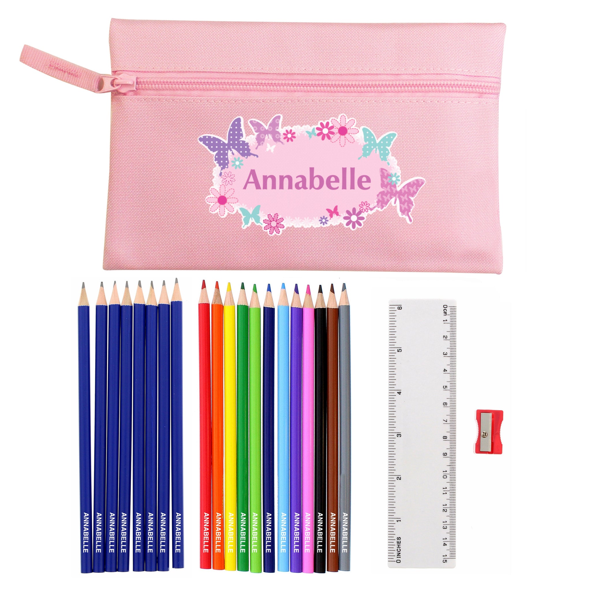 Pink Butterfly Pencil Case with Personalised Pencils & Crayons: 4 - Pencil Cases & Sets By Gift Moments