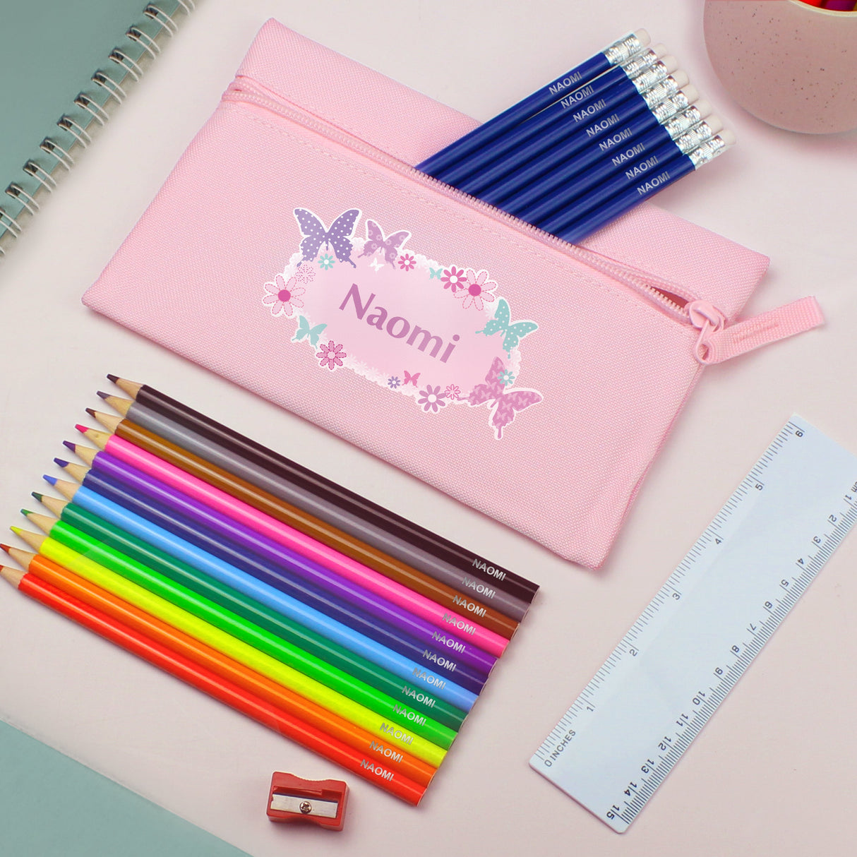 Pink Butterfly Pencil Case with Personalised Pencils & Crayons: 1 - Pencil Cases & Sets By Gift Moments