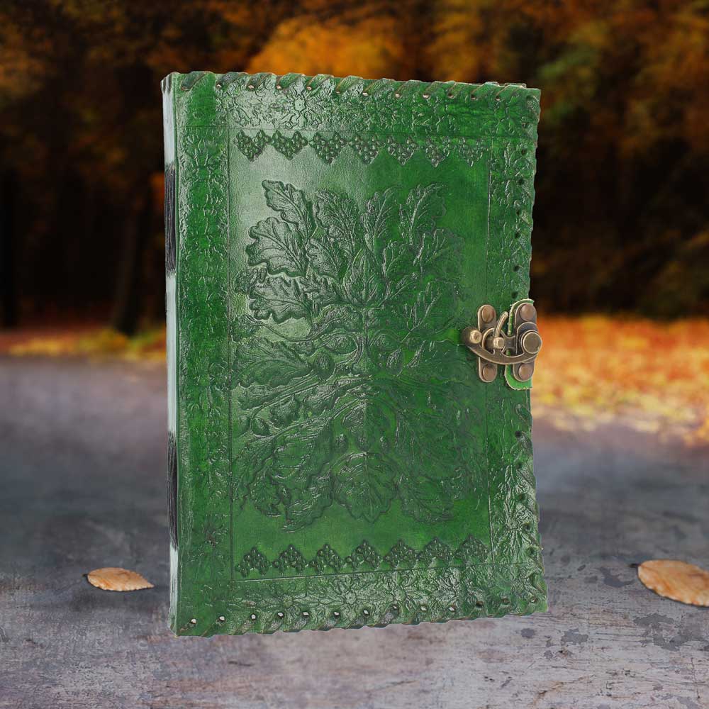Real Leather Greenman Green Embossed Journal with Lock: 1 - Leather Journals By Gift Moments
