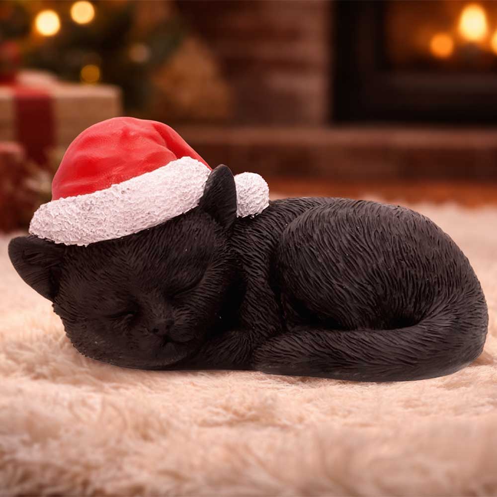 Sleeping Black Cat in Santa Hat 9.5cm - Shop Figurines Medium (15-29cm) At Gift Moments - 1