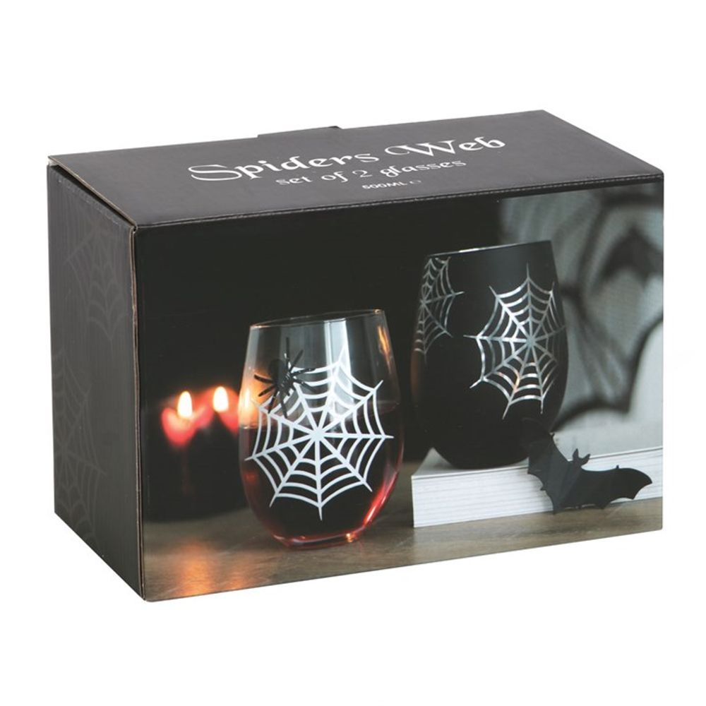 Spider and Web Stemless Wine Glass Set: 3 - Glassware By Gift Moments