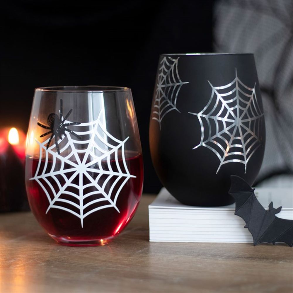 Spider and Web Stemless Wine Glass Set: 1 - Glassware By Gift Moments