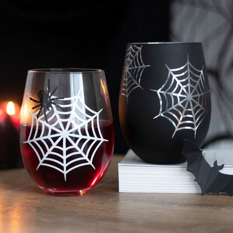 Spider and Web Stemless Wine Glass Set: 1 - Glassware By Gift Moments