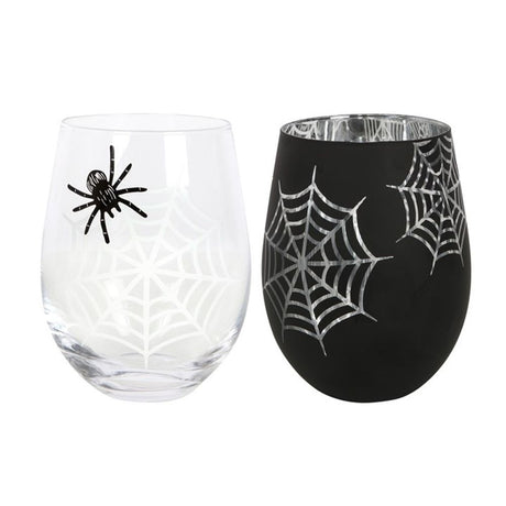 Spider and Web Stemless Wine Glass Set: 2 - Glassware By Gift Moments