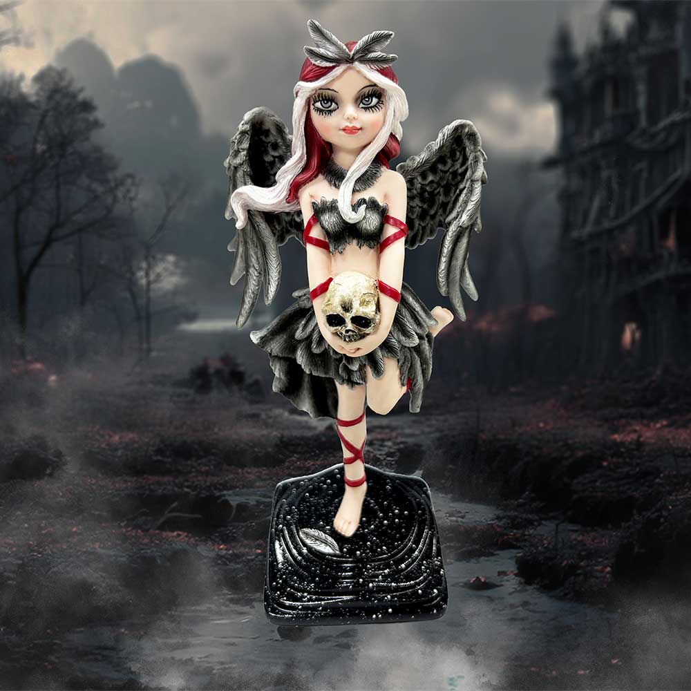Shadow Fae Fairy Figurine with Feathered Skirt and Skull Accessory: 1 - Figurines Medium (15-29cm) By NN Designs