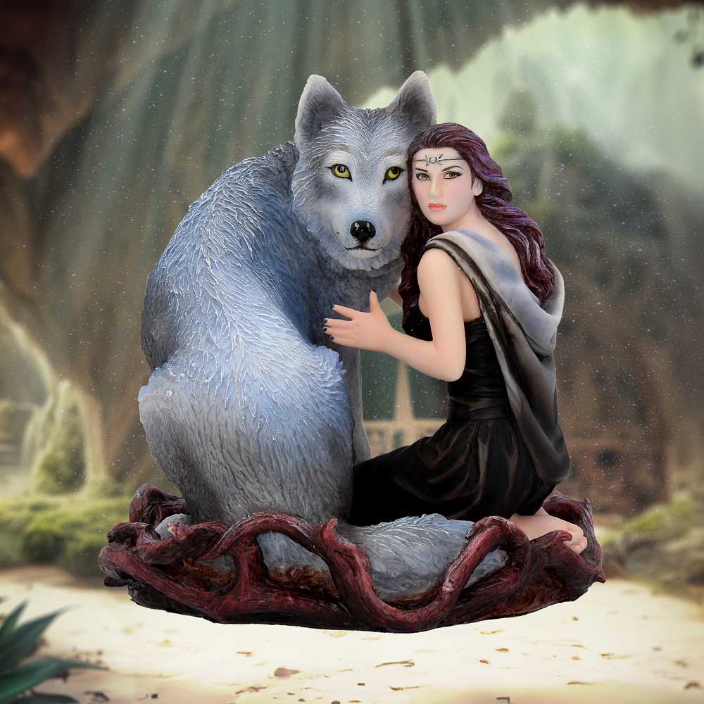 Soul Bond by Anne Stokes hand-painted wolf and woman resin figurine: 1 - Figurines Medium (15-29cm) By Anne Stokes