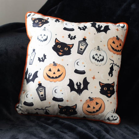 Square Spooky Cat and Pumpkin Print Cushion: 1 - Cushions By Gift Moments