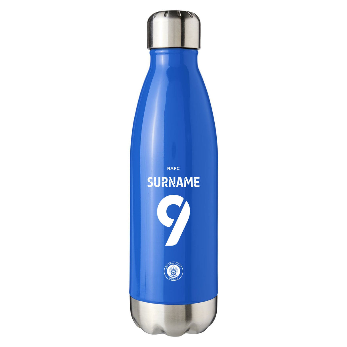 Personalised Rochdale AFC Back of Shirt Blue Insulated Water Bottle
