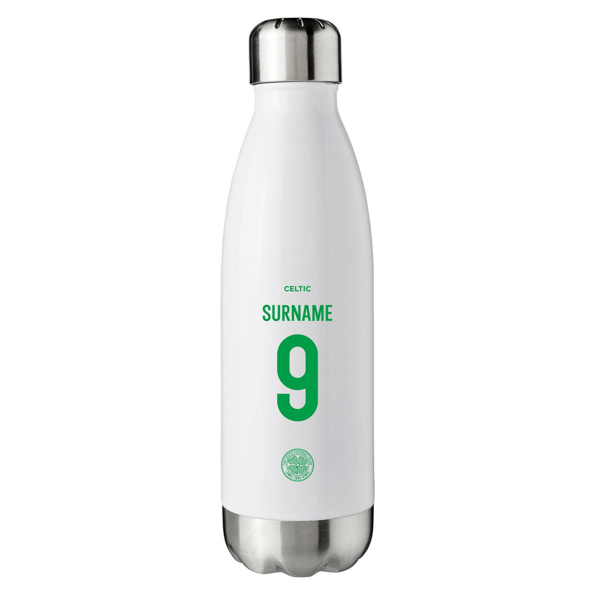 Personalised Celtic FC Back of Shirt White Insulated Water Bottle