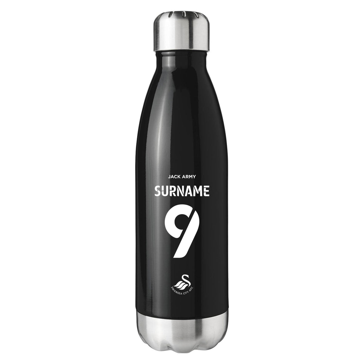 Personalised Swansea City FC Back of Shirt Black Insulated Water Bottle