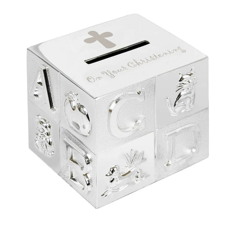 On Your Christening Silver ABC Cube Money Box - Gift Moments