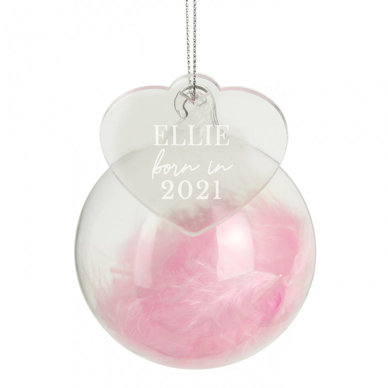 Born In Pink Feather Glass Bauble With Heart Tag - Gift Moments