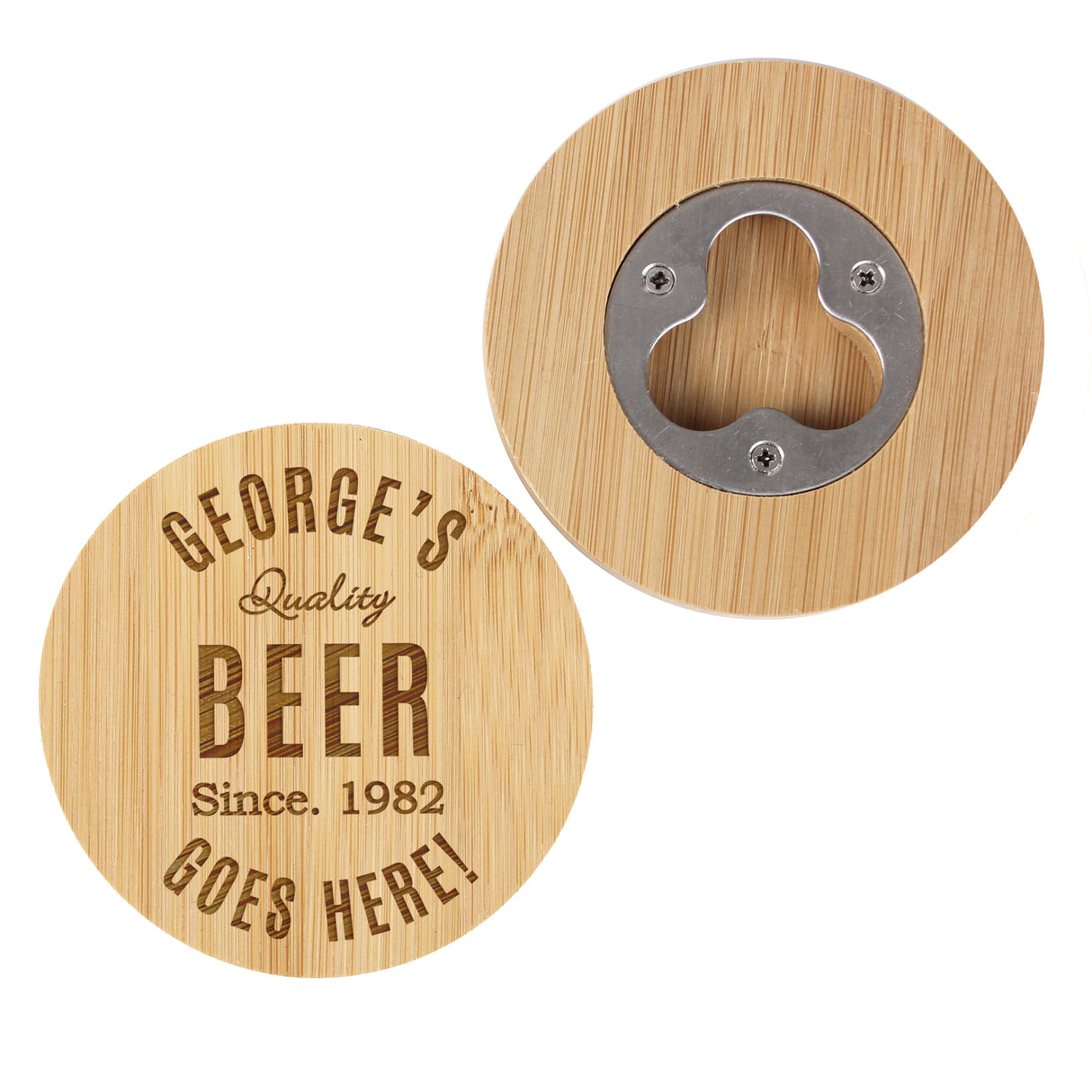 Free Text Bamboo Bottle Opener Coaster - Gift Moments