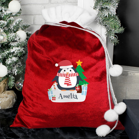 Christmas Penguin Luxury Red Sack - Gift Moments
