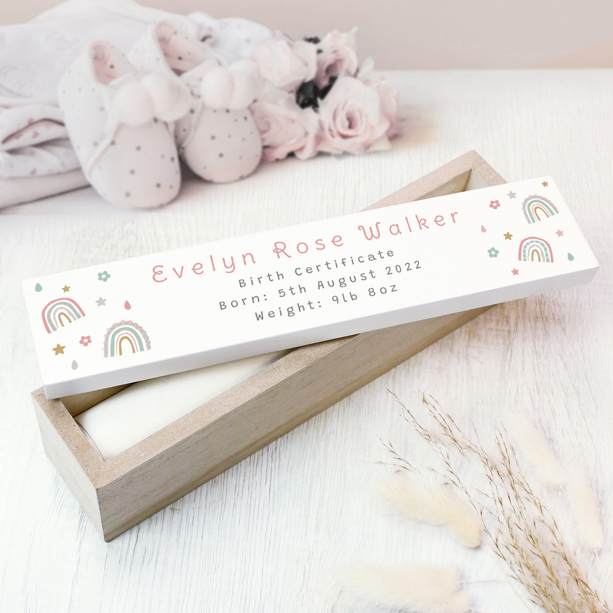 Rainbow Wooden Birth Certificate Holder - Gift Moments