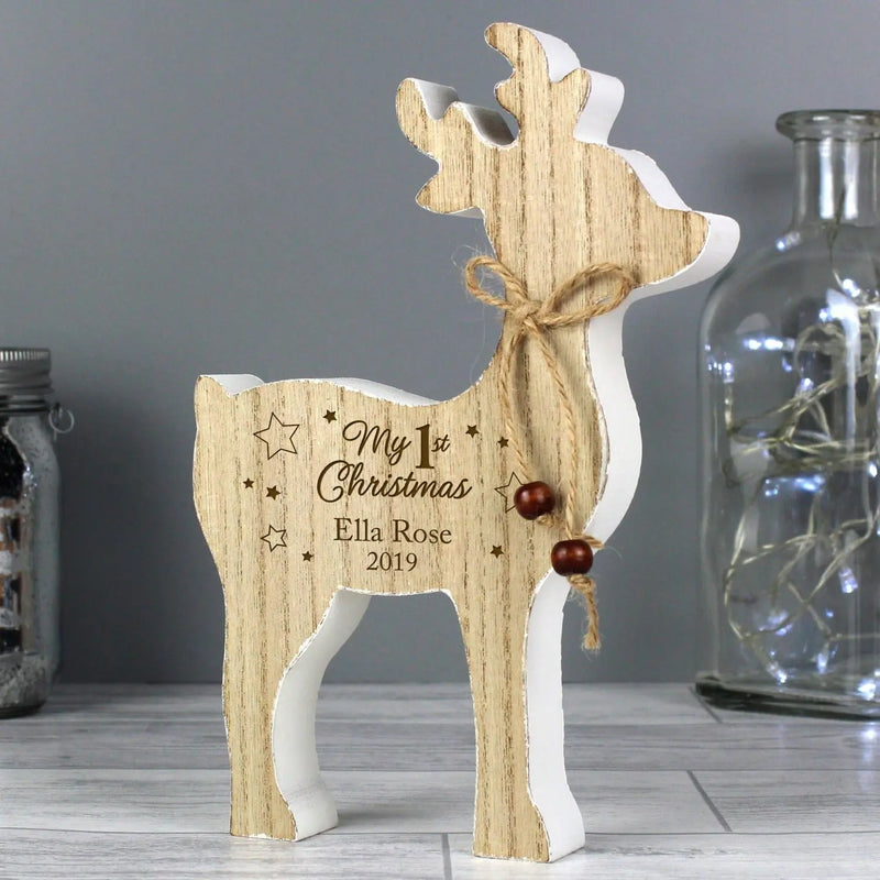 Personalised '1st Christmas' Rustic Wooden Reindeer Decoration - Gift Moments