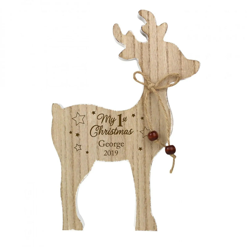 Personalised '1st Christmas' Rustic Wooden Reindeer Decoration - Gift Moments