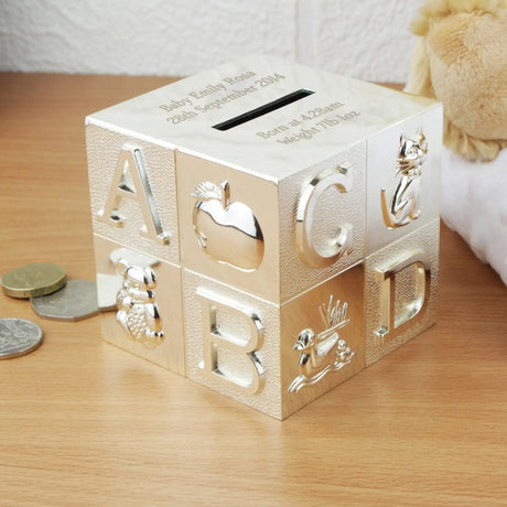 Personalised ABC Silver Plated Cube Money Box - Gift Moments