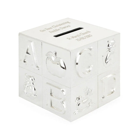 Personalised ABC Silver Plated Cube Money Box - Gift Moments