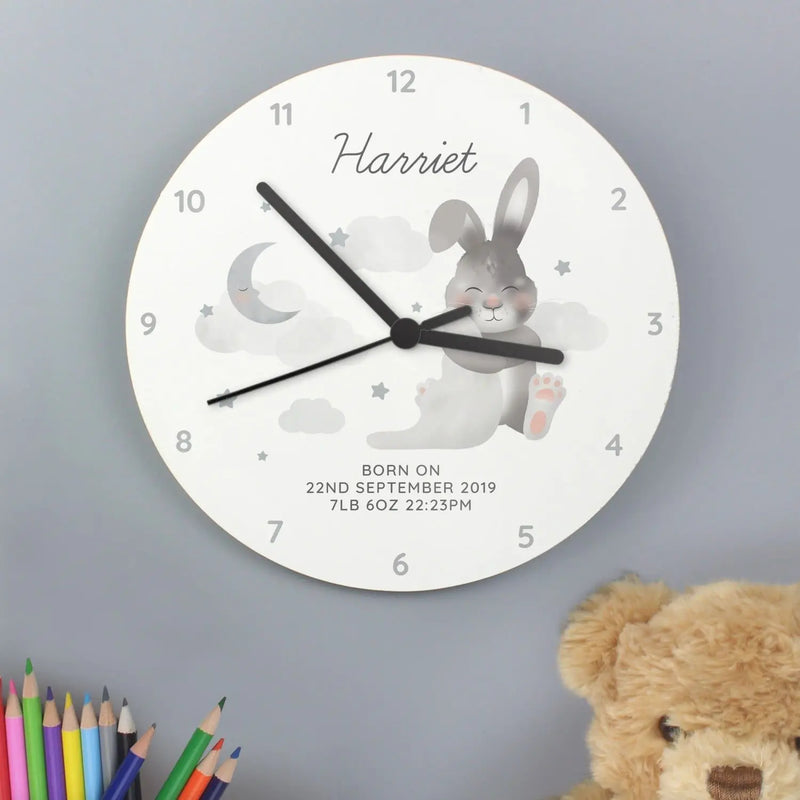 Personalised Baby Bunny White Wooden Clock - Gift Moments
