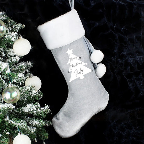 Personalised Christmas Tree Luxury Silver Grey Stocking - Gift Moments