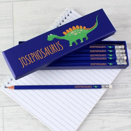 Personalised Dinosaur Box of 12 Blue HB Pencils - Gift Moments