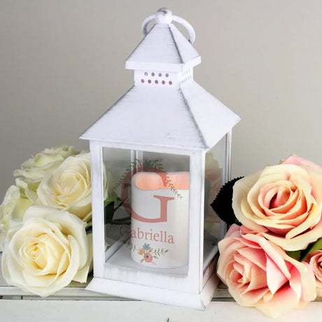 Personalised Floral Bouquet Style White Flickering Candle Lantern - Gift Moments