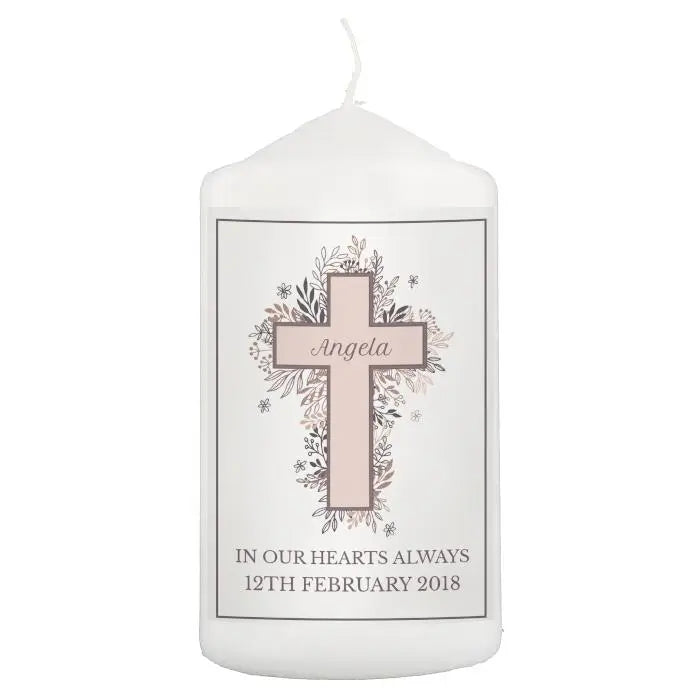 Personalised Floral Cross Pillar Candle - Gift Moments