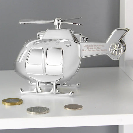 Personalised Helicopter Silver Money Box - Gift Moments