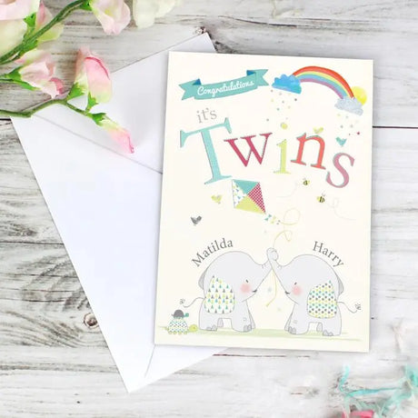 Personalised Hessian Elephant Twins Card - Gift Moments