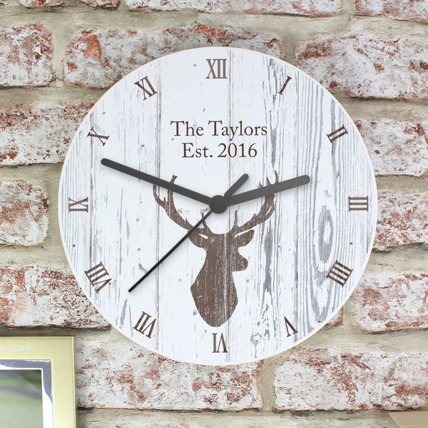 Personalised Highland Stag Shabby Chic Wooden Clock - Gift Moments