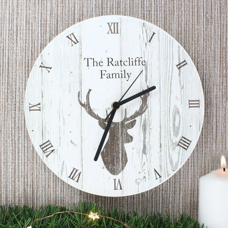 Personalised Highland Stag Shabby Chic Wooden Clock - Gift Moments
