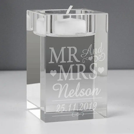 Personalised Mr and Mrs Glass Tea Light Holder - Gift Moments