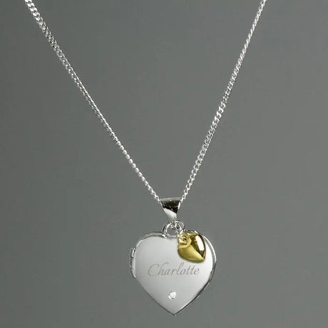 Personalised Name Silver Heart Locket & 9ct Gold Charm - Gift Moments