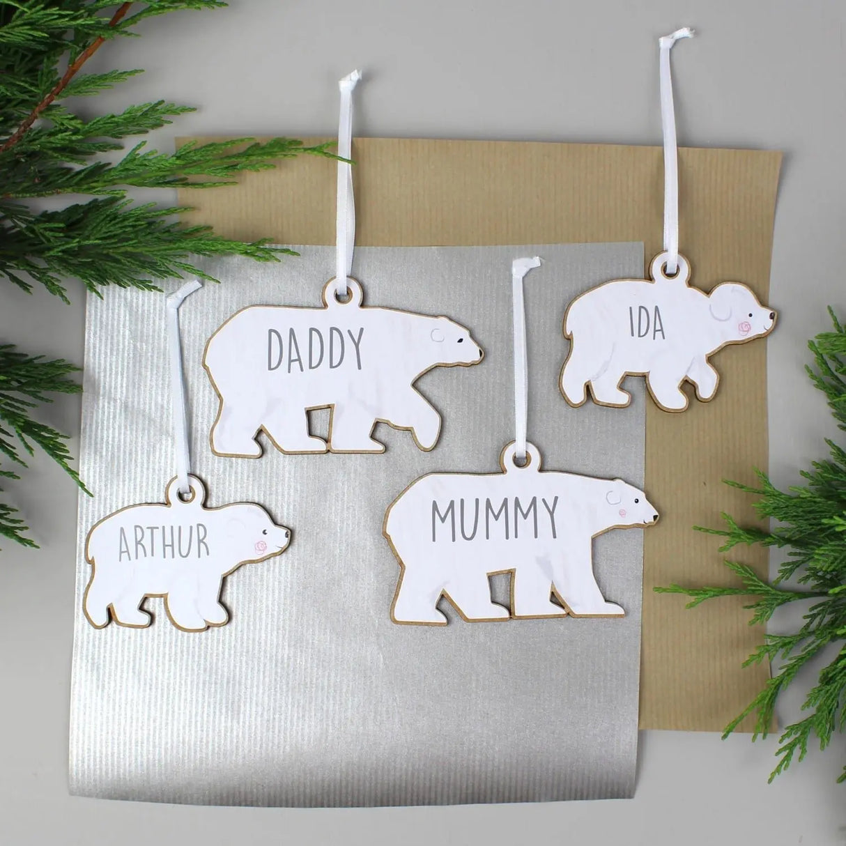 Personalised Set of Four Polar Bear Family Wooden Hanging Decorations - Gift Moments