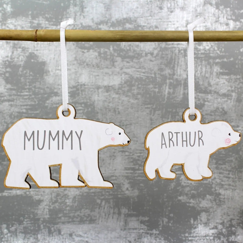 Personalised Set of Four Polar Bear Family Wooden Hanging Decorations - Gift Moments