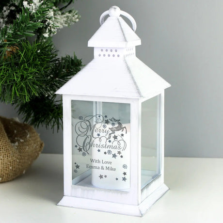 Personalised Silver Reindeer White Flickering Candle Lantern - Gift Moments