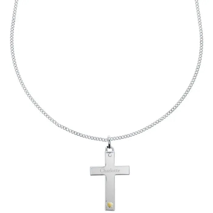 Personalised Sterling Silver Cross with 9ct Gold Heart Necklace - Gift Moments