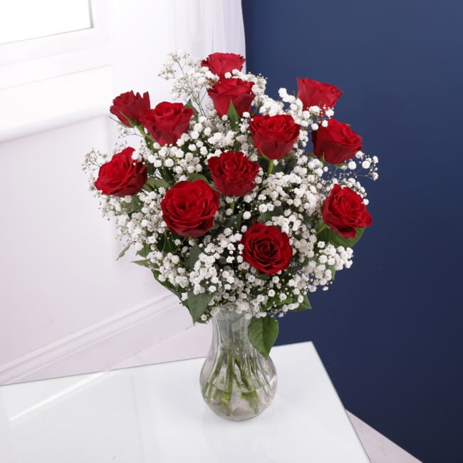 Dozen Red Roses & Gypsophila - Gift Moments