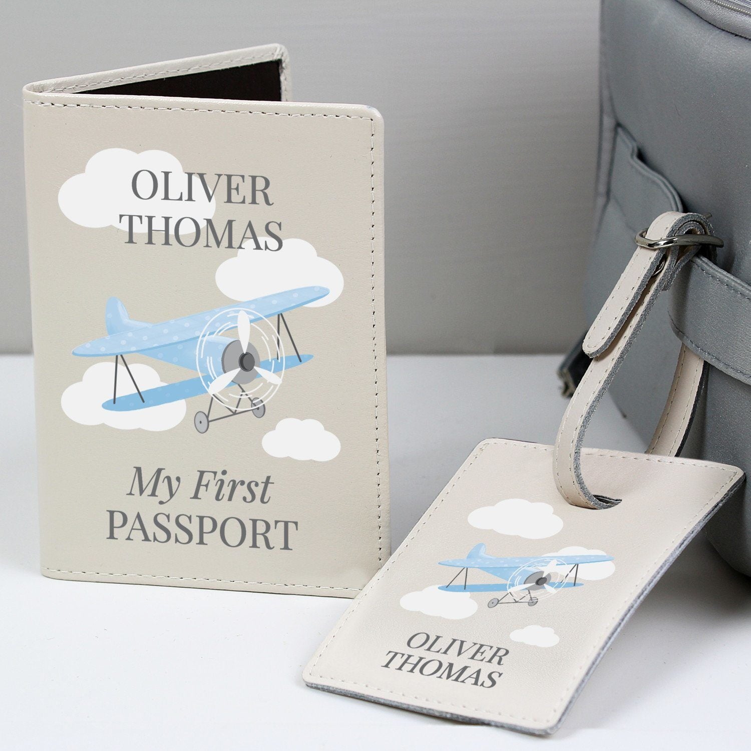 Personalised Blue Plane Passport Holder & Luggage Tag Set - Shop Passport Holders At Gift Moments - 1