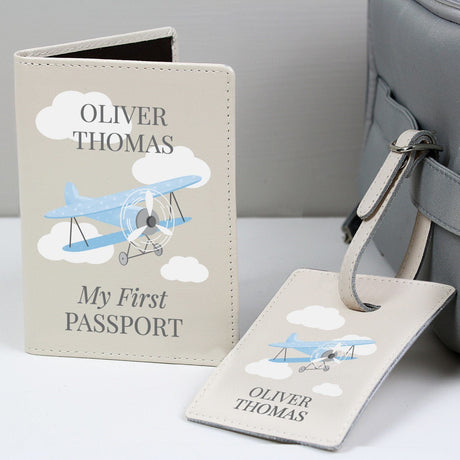 Personalised Blue Plane Passport Holder & Tag Set: 1 - Passport Holders By Gift Moments