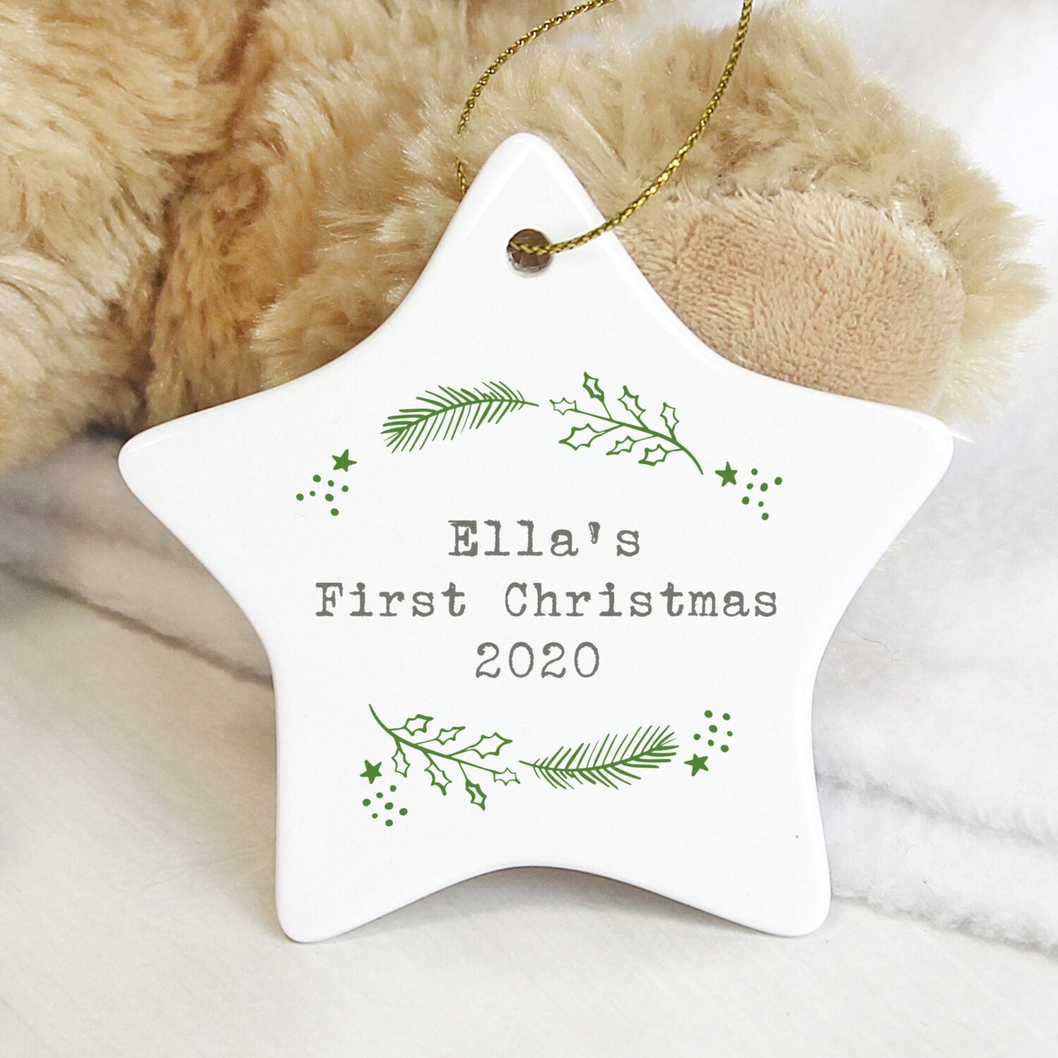 Personalised Christmas Holly Ceramic Star Decoration: 3 - Christmas Decorations By Gift Moments
